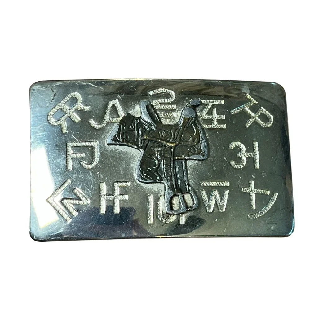 Western Metal Belt Buckle Saddle Embossed‎ Chrome USA Cattle Ranch Two Tone 80s